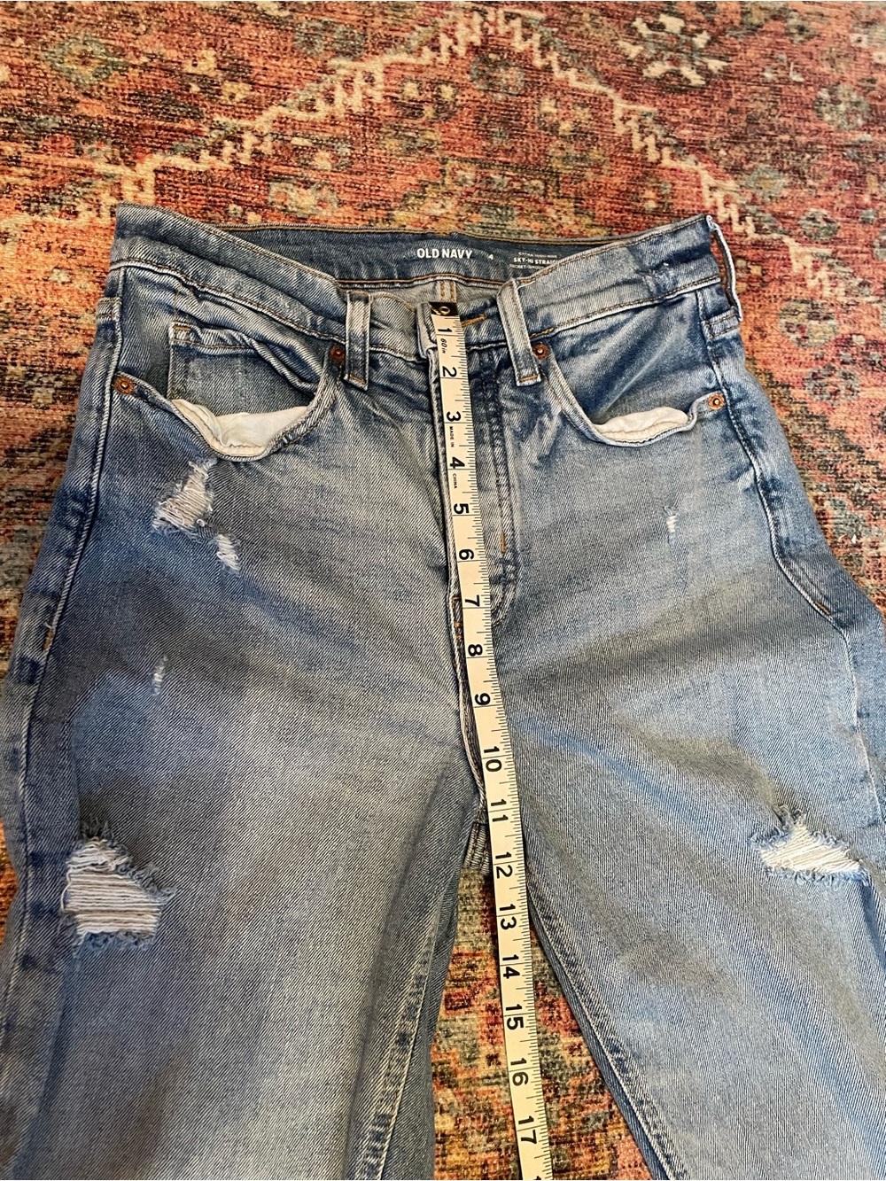 Old Navy Women's Light Blue Distressed Sky-Hi Straight Cut Botton-Fly Jeans - Picture 10 of 11